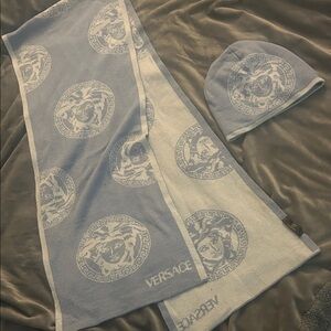 Versace Light Blue and White Logo Scarf and Beanie